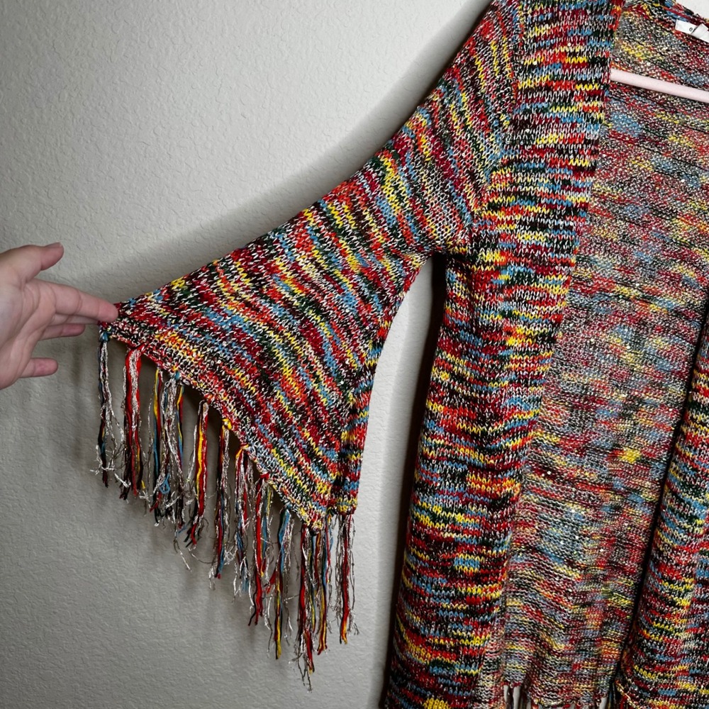 Easel Multi Color Metallic Knit Fringe Bell Sleeve Open Front Cardigan M/L Boho - Picture 2 of 6